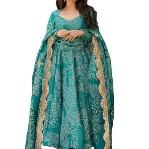 New Arrivals pinkmint women's bandhani print flared anarkali muslin kurta set with pant & stylish dupatta ethnic long sleeve dress suit set